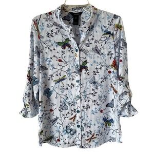 Ali Miles Top Button Down Shirt Art to Wear Butterfly Dragonfly Whimsical Fairy